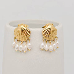 18K Gold Plated Stainless Steel Shell Pearl Earrings